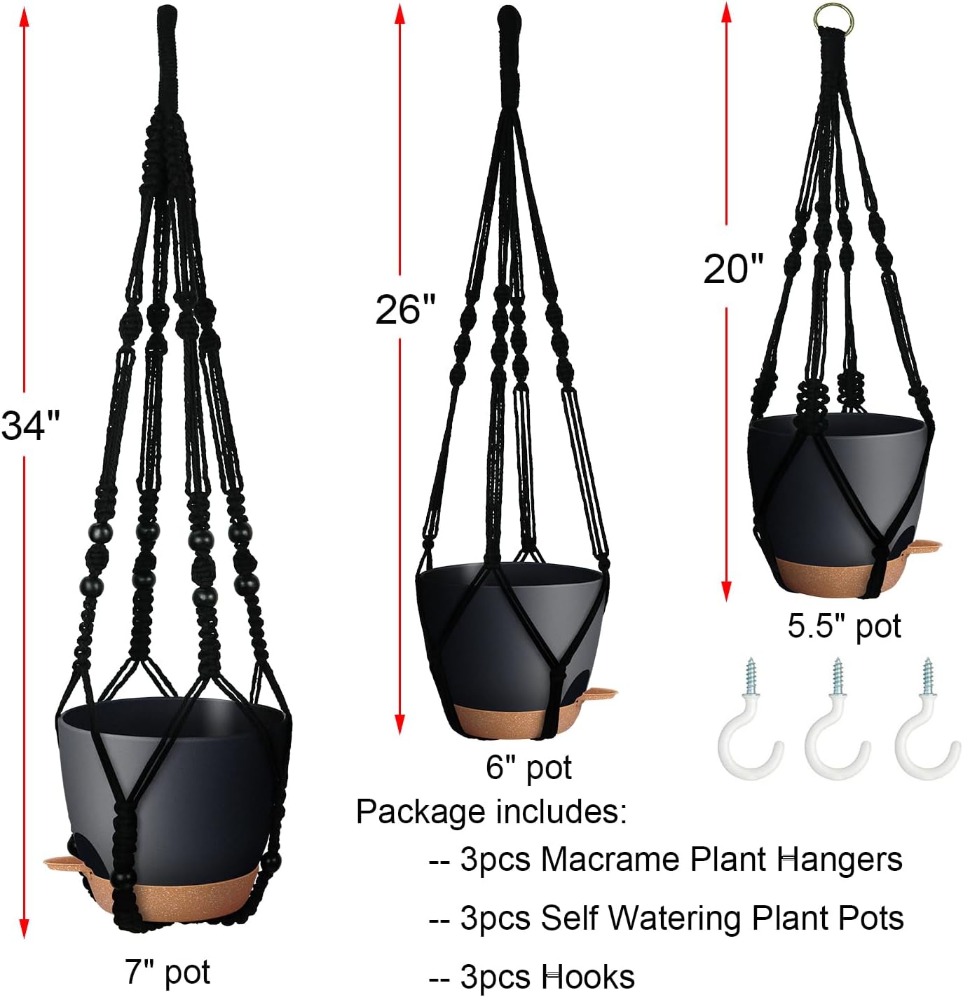 Bouqlife Hanging Planters with Macrame Plant Hangers for Indoor Outdoor Plants 3 Set Self Watering Pots Hanging Baskets Flower Pot Holders 3 Different Size