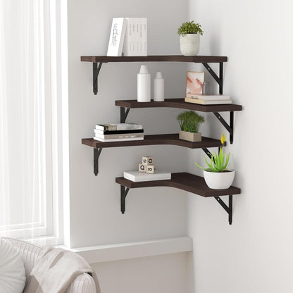 ROMGUAR CRAFT Corner Floating Shelves Wall Mounted Set of 4, Rustic Wood Storage Display Shelves for Home Decor, Bathroom, Kitchen, Bedroom, Living Room, Office (Black)