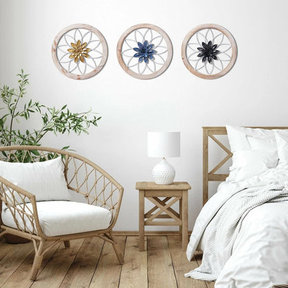 Paquesta 3 Piece Round Farmhouse Wall Decor with 6 Piece Interchangeable Flowers 12'' Medallion Wood & Metal Rustic Wall Art for Living Room Bedroom Kitchen Bathroom Dining Room Home Decorations