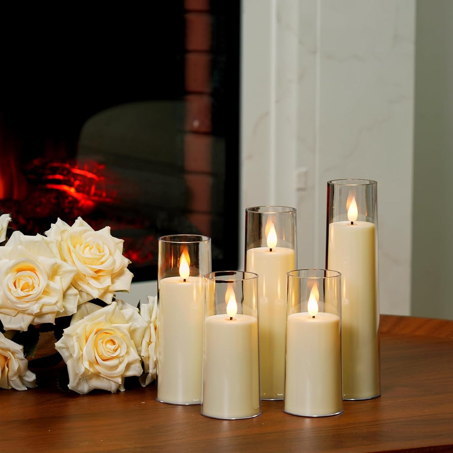Amagic Pure White Flameless Candles, Battery Operated Candles, Acrylic Flickering LED Pillar Candles with Remote Control and Timer, 3D Wick, Yellow and Blue Glow, D2.2 xH5 5" 6" 7" 8", Set of 5
