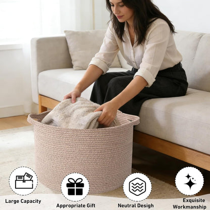 Large Woven Blanket Basket,65L Cotton Rope Laundry Basket Hamper with Handles, Decorative Nursery Basket Storage Bin for Toys, Clothes Organizer, Living Room, Bedroom, Bathroom, White & Brown
