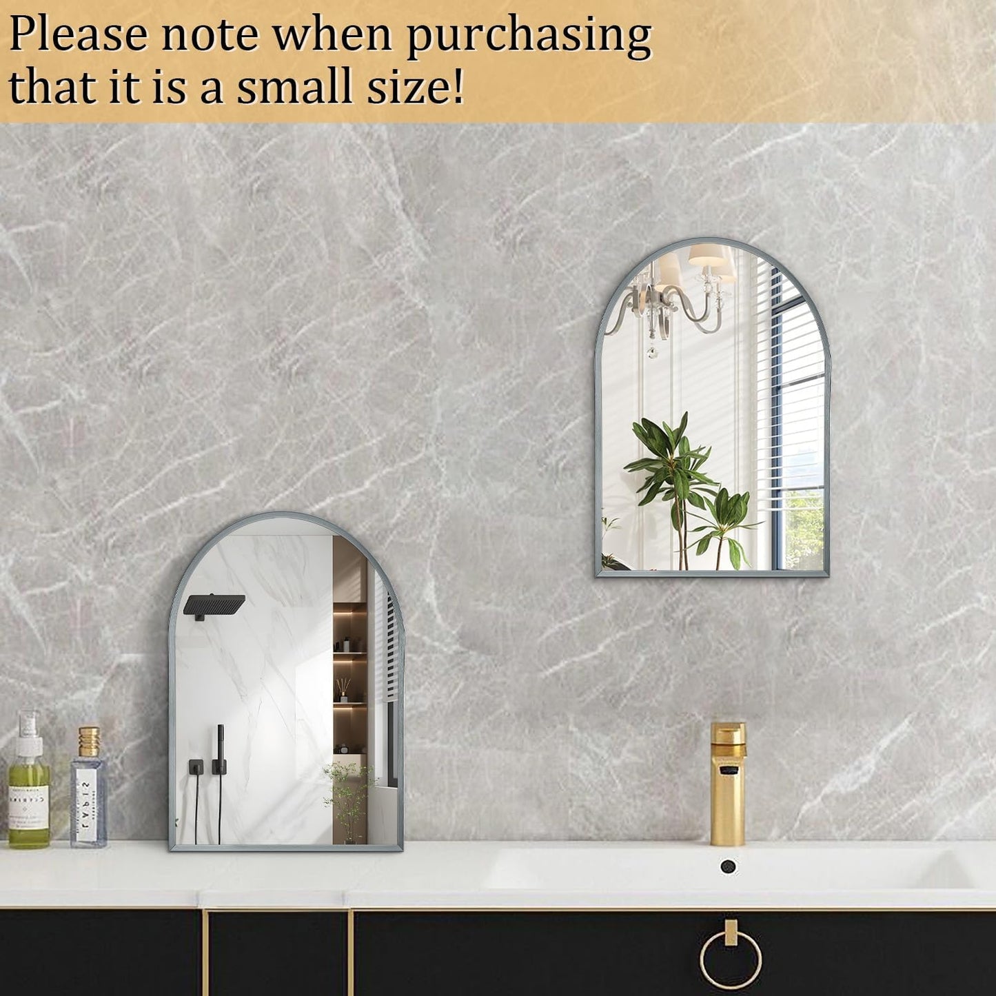 Black Arched Mirror, Modern Bathroom Wall Mirror Aluminum Alloy Framed Mirror Brushed Metal Vanity Wall Mounted Mirror for Livingroom Bedroom Entryway Room 16"x12"