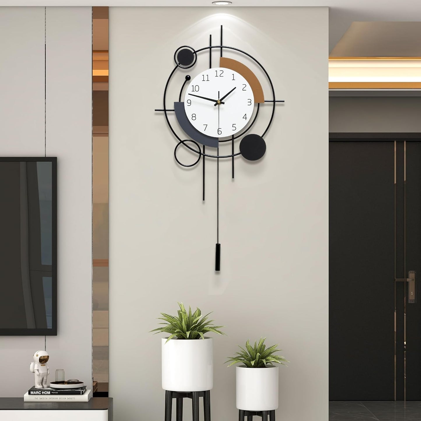 Decorative Wall Clock for Living Room Decor Large Modern Wall Clocks with Pendulum Battery Operated for Bedroom Office Kitchen Home Small Black Silent Wall Clock Non Ticking 11.8*22.4 Inch