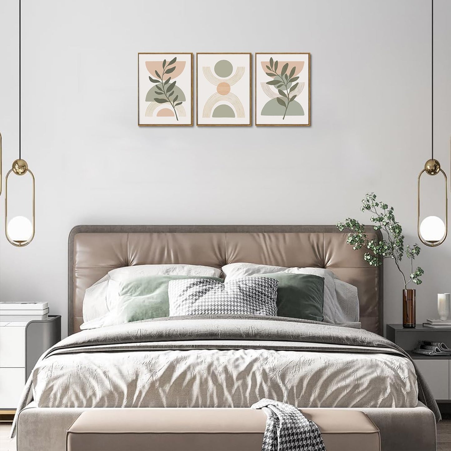 Bwodke Boho Wall Art, Framed Abstract Wall Art, Green Botanical Neutral Canvas Wall Decor, Large Mid Century Plant Pictures Set of 3, Modern Minimalist Paintings, for Bedroom Living Room Bathroom