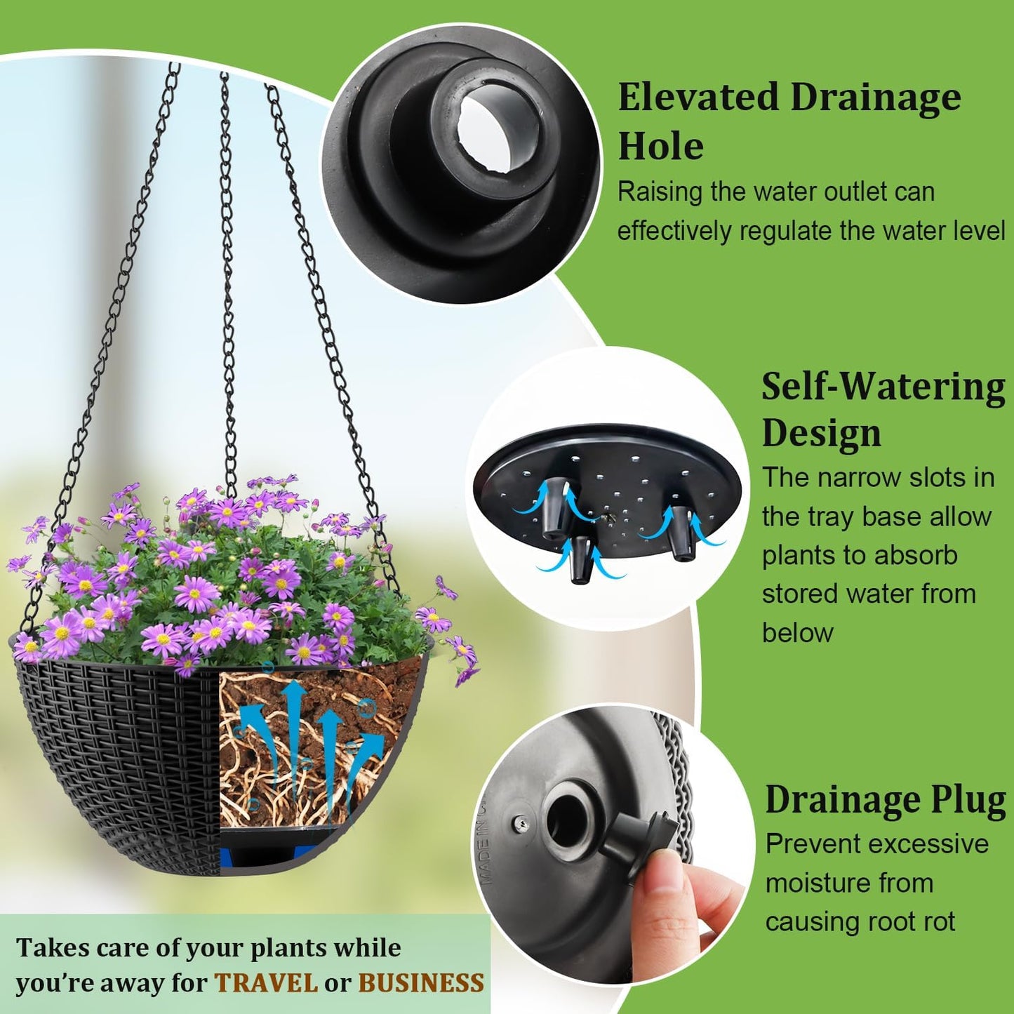RooTrimmer Hanging Planters for Indoor Outdoor Plants 8 and 10 Inch, 4 Packs Hanging Flower Pot with Drainage Holes, Self-Watering Hanging Basket Perfect for Home, Office and Garden, White