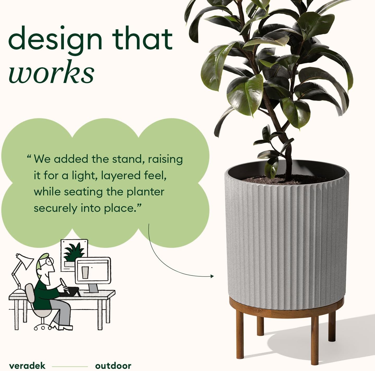 Veradek Demi Series Round Planter w/ Stand for Porch/Patio | Durable Plastic-Concrete & Wooden Stand | Modern Décor for Tall Plants, Flowers