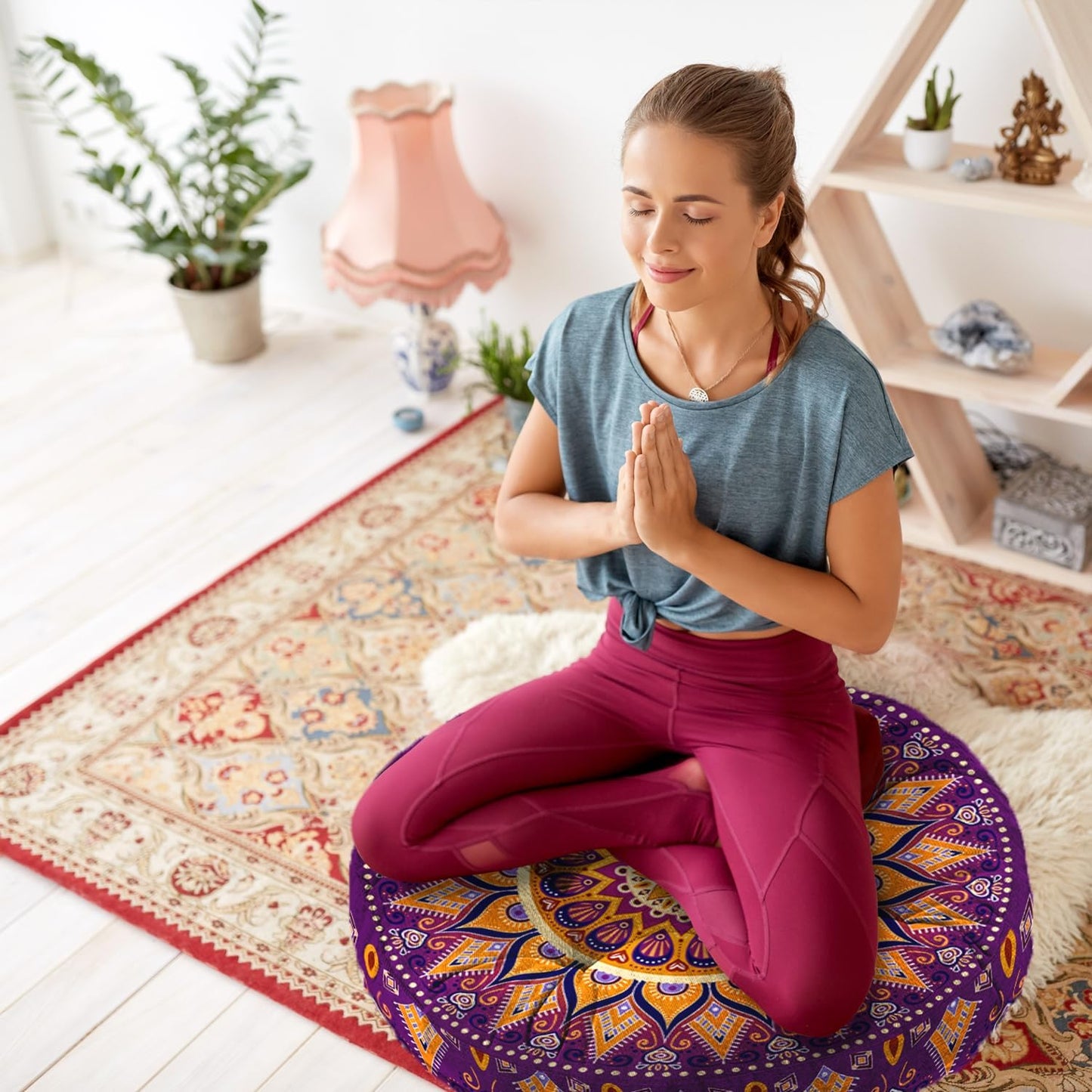 Mandala Meditation Cushion, Boho Meditation Mat, Meditation Pillows for Sitting on Floor, Cushions for Sitting in Home and Outdoor, Square Floor Pillow Cushion Seating for Yoga Accessories 22'' X 22''