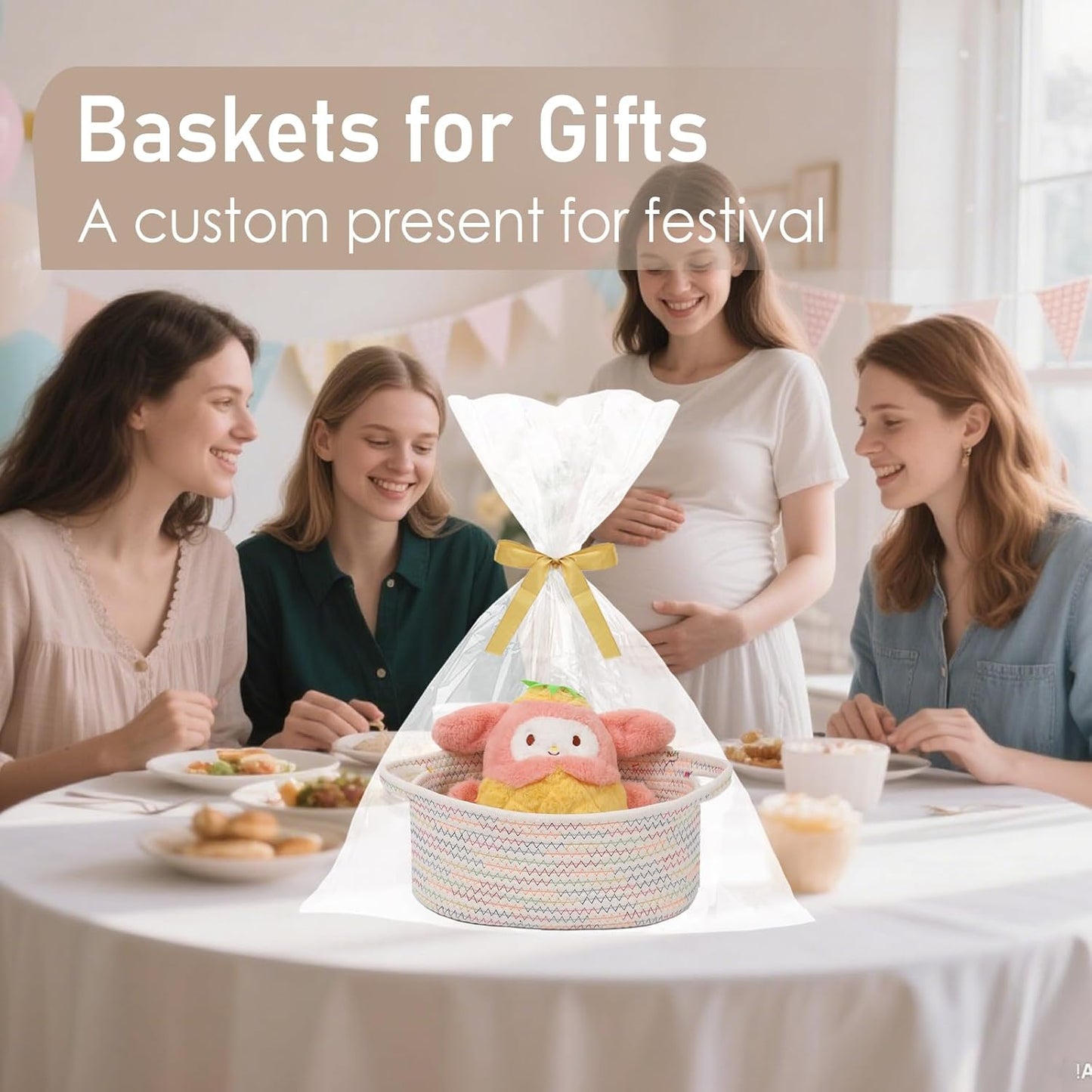 JMvicyroam Woven Basket,Small Rope Storage Bin with Handles & Ribbon Bag, Organizer for Shelves Closets,Gift Basket Empty for Birthday,Books,Dog Toys,White