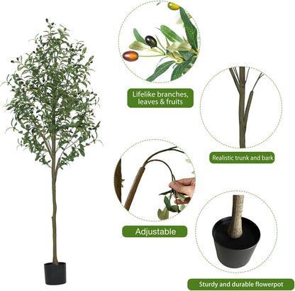 Olive Trees Artificial Indoor, Artificial Olive Tree 6FT Faux Olive Tree for Home Office Decor, Artificial Tree with Realistic Trunk, Branches, Leaves and Fruits, Fake Olive Tree for Gift