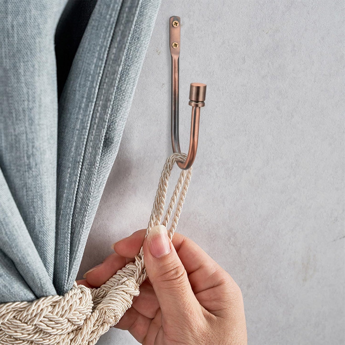2 Pack Curtain Holdbacks - Silver, Decorative Drapery Wall Hooks with Hardware, Curtain Pull Back Hooks, Metal Curtain Tiebacks Wall Mounted, Window Side Holders for Drapes, Curtain Accessories