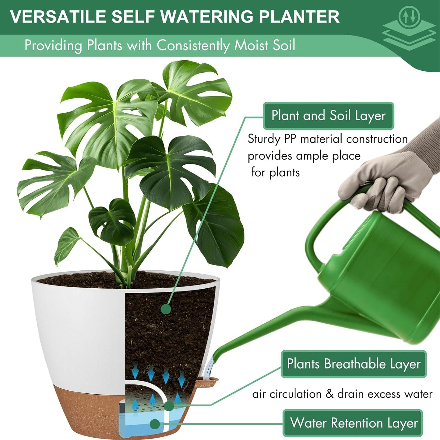 montresor 12/10/8 Inch Self Watering Pots for Indoor Plants Plastic Large Plant Pots for Outdoor Plants, Water Level Window & Spacious Reservoir Flower Pots Decorative Planter with Drainage and Tray
