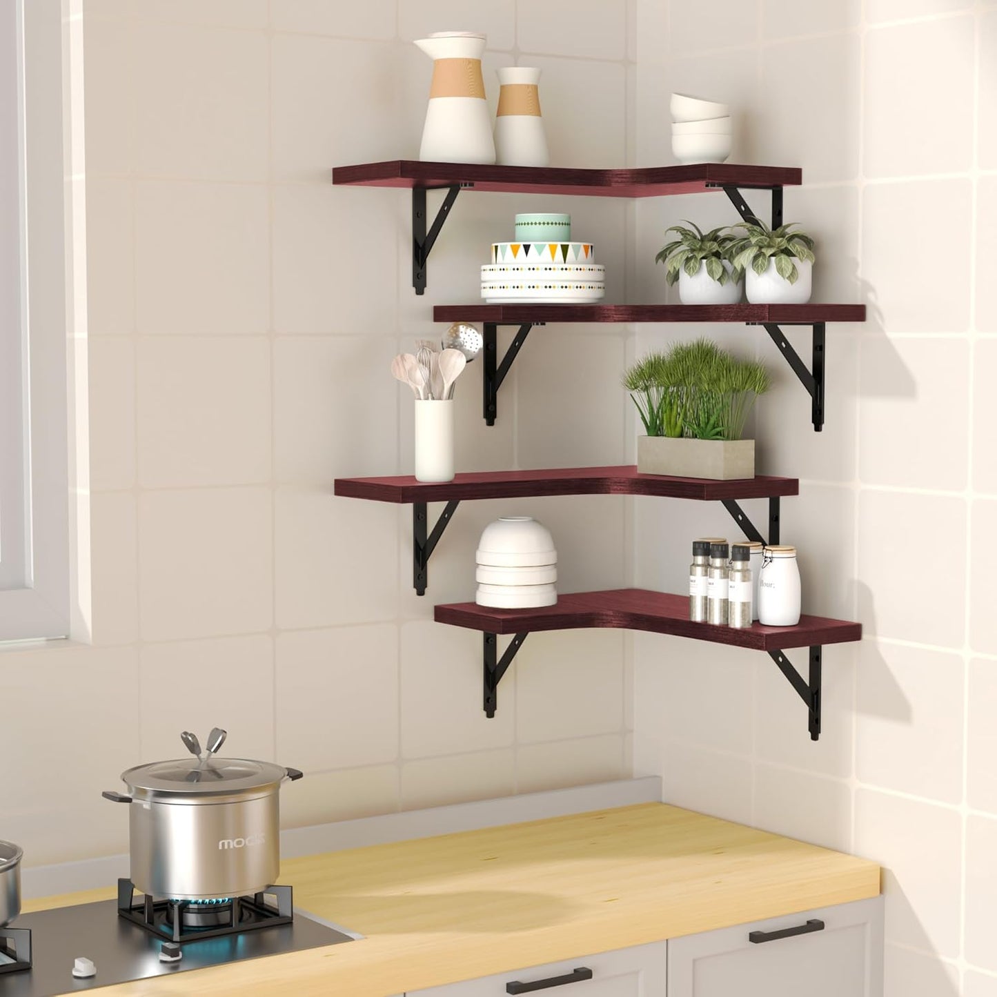 ROMGUAR CRAFT Corner Floating Shelves Wall Mounted Set of 4, Rustic Wood Storage Display Shelves for Home Decor, Bathroom, Kitchen, Bedroom, Living Room, Office (Black)