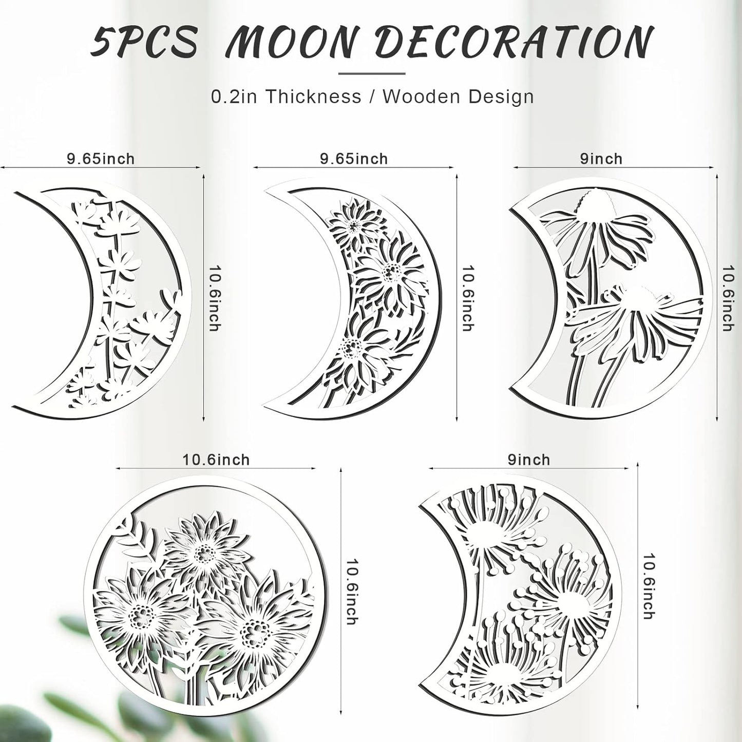 Jetec 5 Pcs Moon Phase Wall Art Decor Wall Pediments Hanging Wooden Phase Spiritual Bedroom Nordic Boho Lunar Aesthetic Art for Living Room Dorm Apartment Ornament(Brown,10.6 Inch,Botanical)
