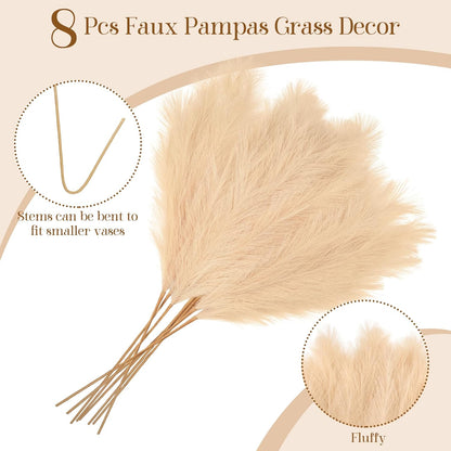 Ouddy Decor 8 Pcs Faux Pampas Grass Decor 38''/97cm Tall Artificial Large Pompous Pompas Floral Fluffy Fake Plants Floor Vase Filler for Wedding Kitchen Home Boho Decorations, Mixed Beige
