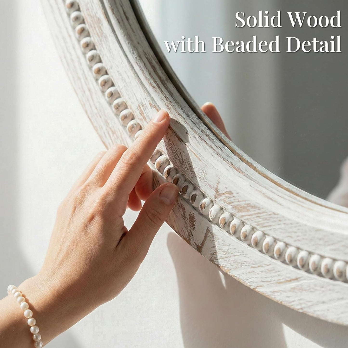 30" Round Solid Wood Mirror for Bathroom Vanity, Handcrafted Beaded Circle Wall Mirror - Natural Boho Farmhouse Decor for Entryway & Bedroom