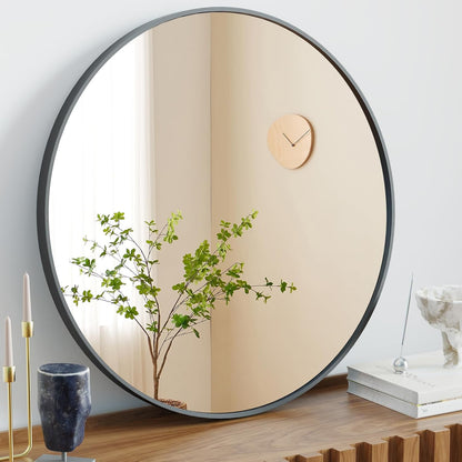 Sweetcrispy 24 Inch Round Wall Mirror with Tempered Glass, Bathroom Mirror Over Sink, Anti-Fog & Waterproof Round Mirror for Bathroom, Entryway, Bedroom, Shatterproof Design, Black