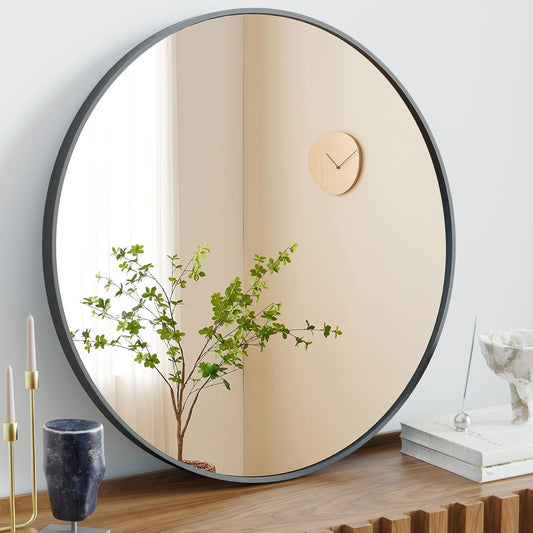 Sweetcrispy 24 Inch Round Wall Mirror with Tempered Glass, Bathroom Mirror Over Sink, Anti-Fog & Waterproof Round Mirror for Bathroom, Entryway, Bedroom, Shatterproof Design, Black