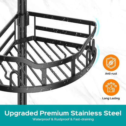 HAMITOR Corner Shower Caddy Tension Pole: Rustproof 4-Tier Bathroom Organizer Shelves for Bathtub Shampoo Storage - 47-121 Inch Quick Install Adjustable Rod Standing Rack with Soap Rack - Silver Gray