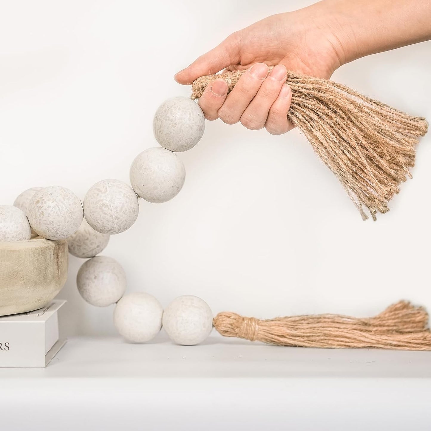 Extra Large Wood Bead Garland with 1.6" Diameter Wood Beads, Wooden Beads Garland with Tassels, Decorative Beads, Farmhouse Beads Home Decor (Nature Beige, 41 Inches)