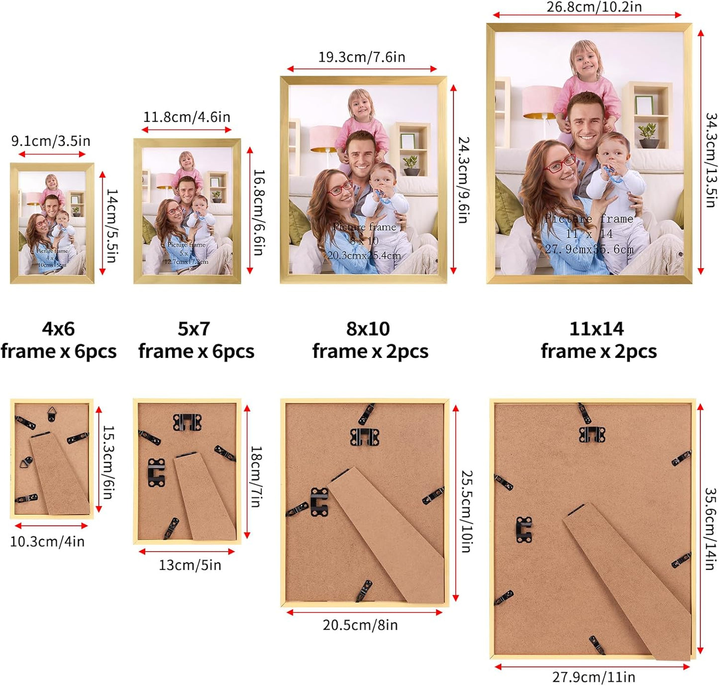 Giftgarden 16 Pack Gold Picture Frames for Multi Sizes Photos, Assorted Set Including Two 11x14, Two 8x10, Six 5x7, Six 4x6, Gallery Collage Frame for Wall or Tabletop Display