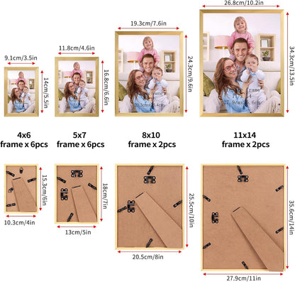 Giftgarden 16 Pack Gold Picture Frames for Multi Sizes Photos, Assorted Set Including Two 11x14, Two 8x10, Six 5x7, Six 4x6, Gallery Collage Frame for Wall or Tabletop Display