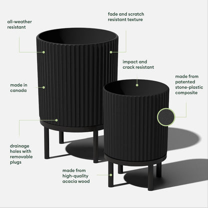 Veradek Demi Series Round Planter w/ Stand for Porch/Patio | Durable Plastic-Concrete & Wooden Stand | Modern Décor for Tall Plants, Flowers
