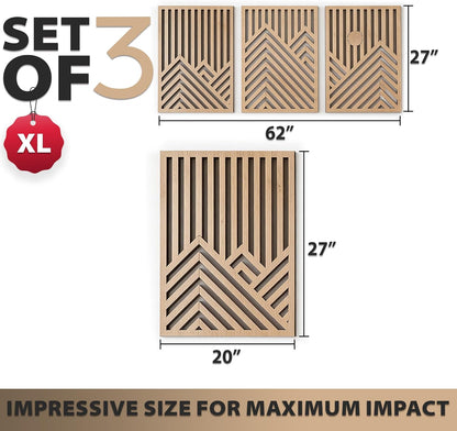 qmmp Modern Wooden Wall Sculptures - Set of 3 - Home Decor Accent - Large Wall Art for Living Room, Bedroom, Office - Easy Installation (Oak, Medium - Mountain and Sun)