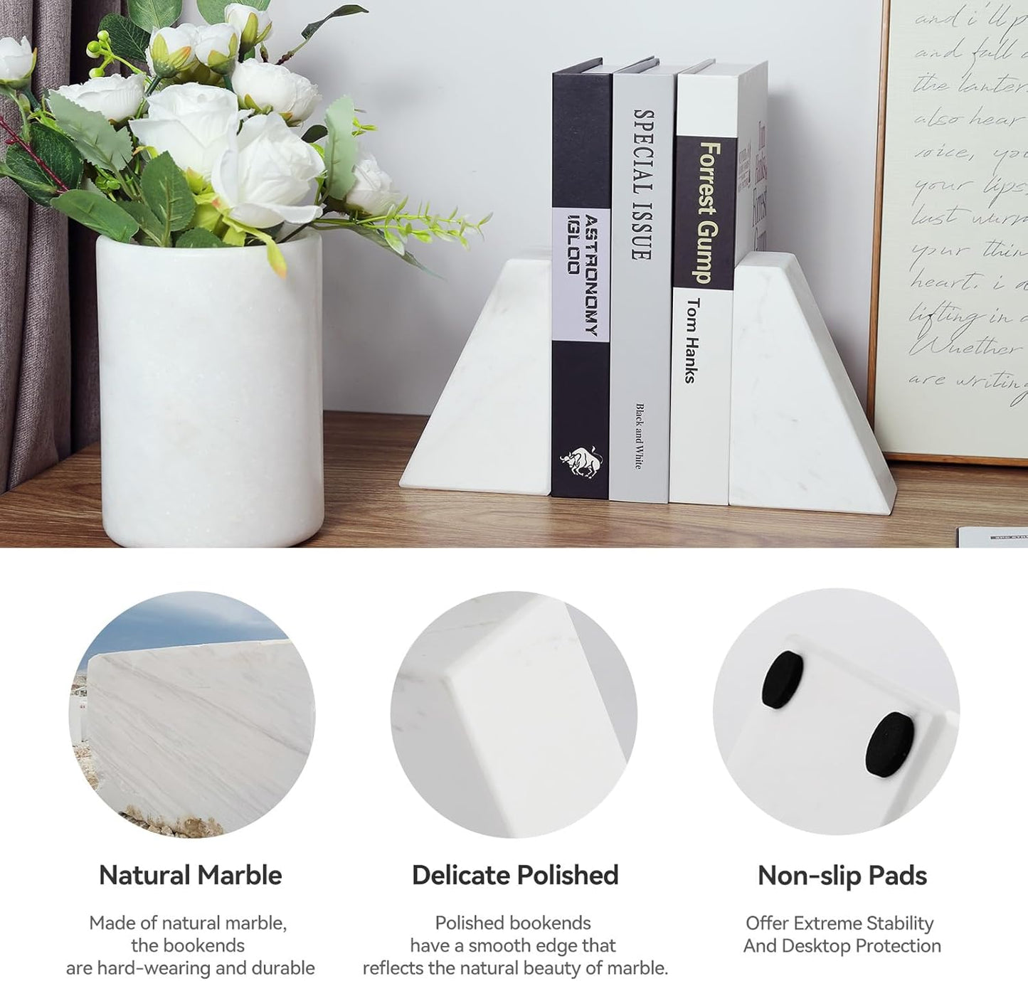 Karibiber Travertine Bookends for Heavy Books, Marble Decorative Bookends for Shelves, Heavy-Duty Stone Book Ends for Hardback Book & Cookbooks, Unique Book Stopper & Holder, Travertino Italy