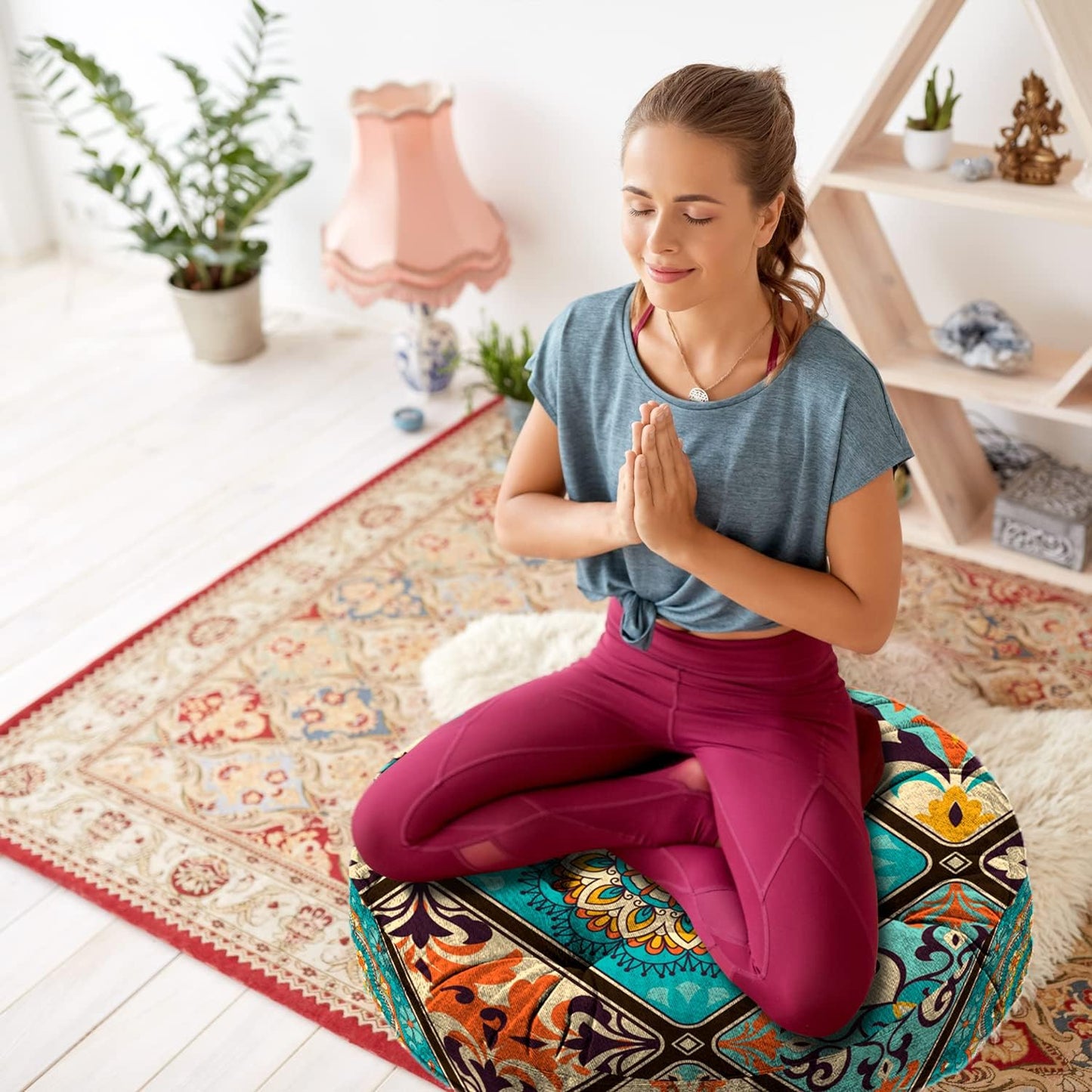 Mandala Meditation Cushion, Boho Meditation Mat, Meditation Pillows for Sitting on Floor, Cushions for Sitting in Home and Outdoor, Square Floor Pillow Cushion Seating for Yoga Accessories 22'' X 22''