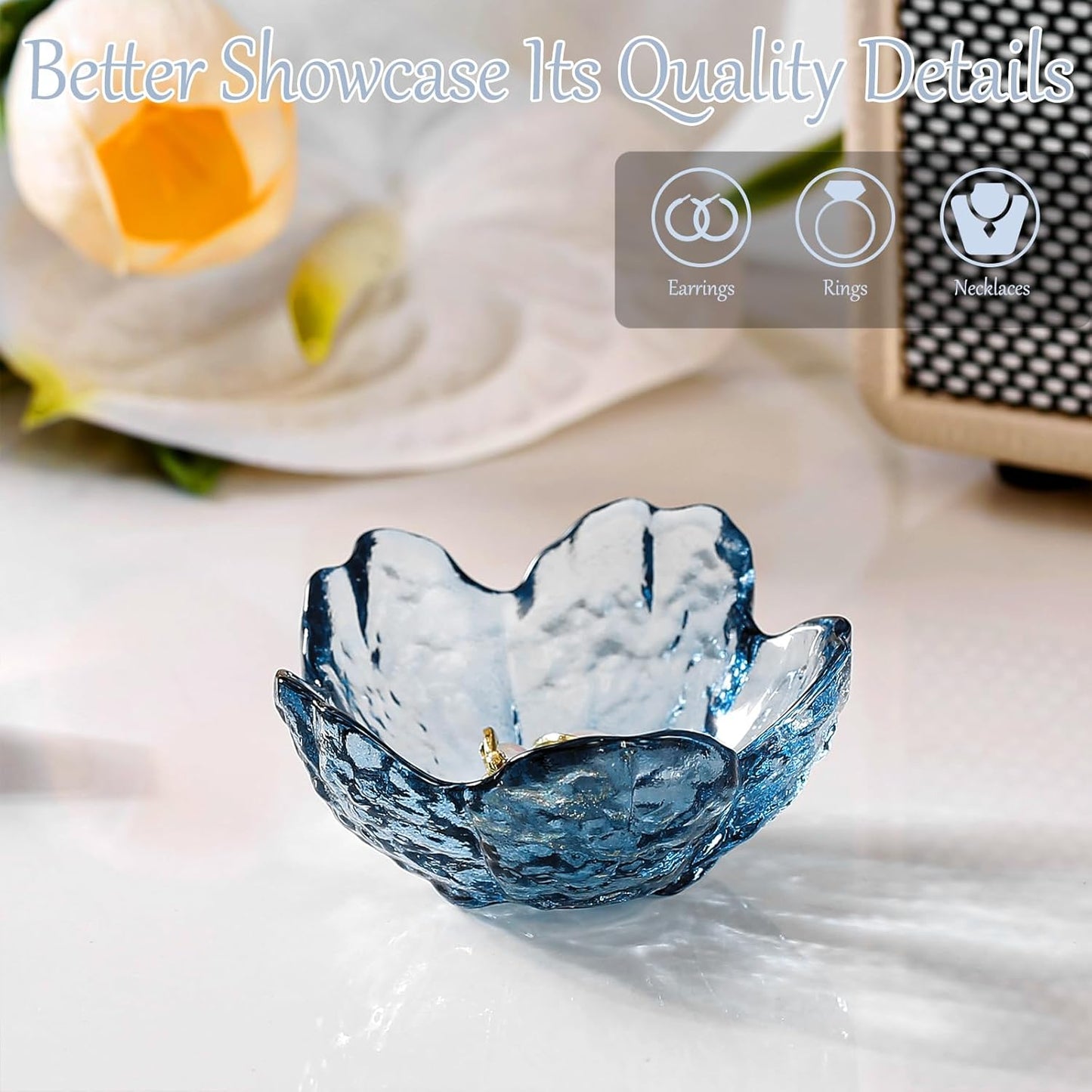 Purple Flower Jewelry Dish Glass Ring Holder Dish Jewelry Tray Cute Vanity Organizer Aesthetic Nightstand Bathroom Room Decor Trinket Dish Mothers Day Friendship Christmas Birthday Gifts for Women