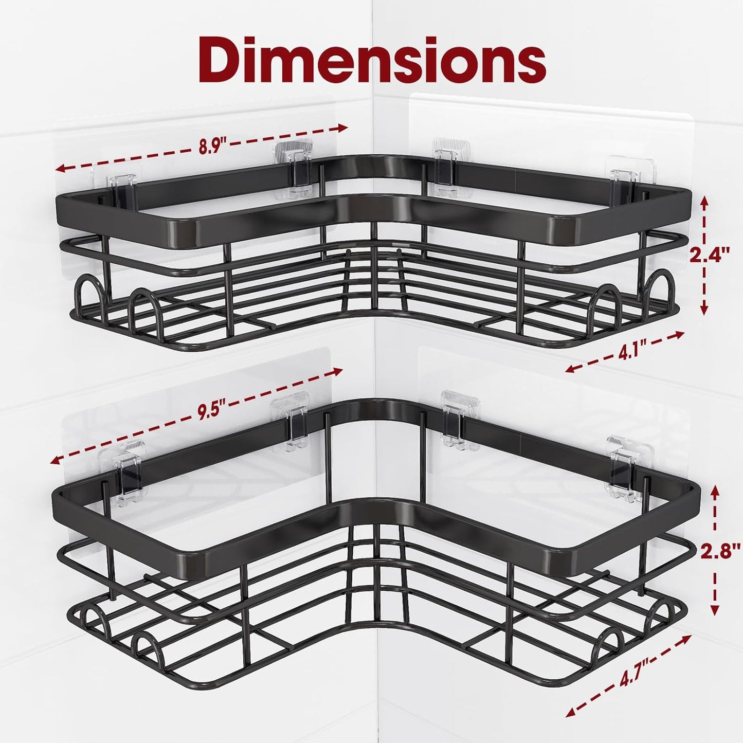 Sakugi Corner Shower Caddy - 2 Pack, Adhesive Shower Organizers, Rustproof Stainless Steel Shower Shelves with 8 Hooks, No Drilling Bathroom Organizers and Storage Racks, Space-Saving, Black, Medium