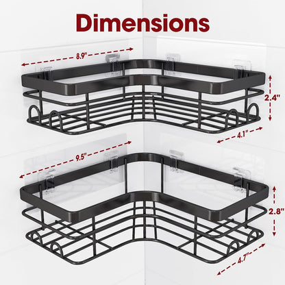 Sakugi Corner Shower Caddy - 2 Pack, Adhesive Shower Organizers, Rustproof Stainless Steel Shower Shelves with 8 Hooks, No Drilling Bathroom Organizers and Storage Racks, Space-Saving, Black, Medium