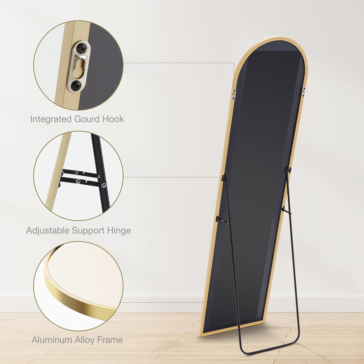 DUMOS Arched Full Length Mirror with Stand 64"x21" Floor Standing Aluminum Frame for Bedroom Body Hanging Leaning Modern Simple Home Decor Shatter-proorf Nano Glass Wall Living Room Cloakroom Black
