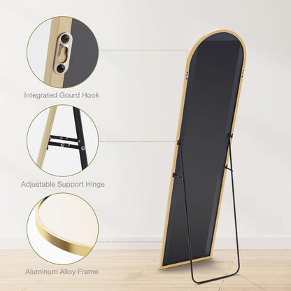 DUMOS Arched Full Length Mirror with Stand 64"x21" Floor Standing Aluminum Frame for Bedroom Body Hanging Leaning Modern Simple Home Decor Shatter-proorf Nano Glass Wall Living Room Cloakroom Black
