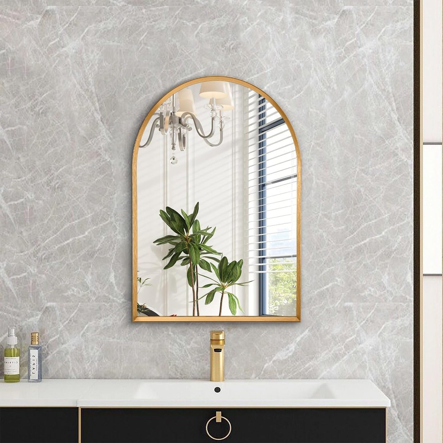 Black Arched Mirror, Modern Bathroom Wall Mirror Aluminum Alloy Framed Mirror Brushed Metal Vanity Wall Mounted Mirror for Livingroom Bedroom Entryway Room 16"x12"