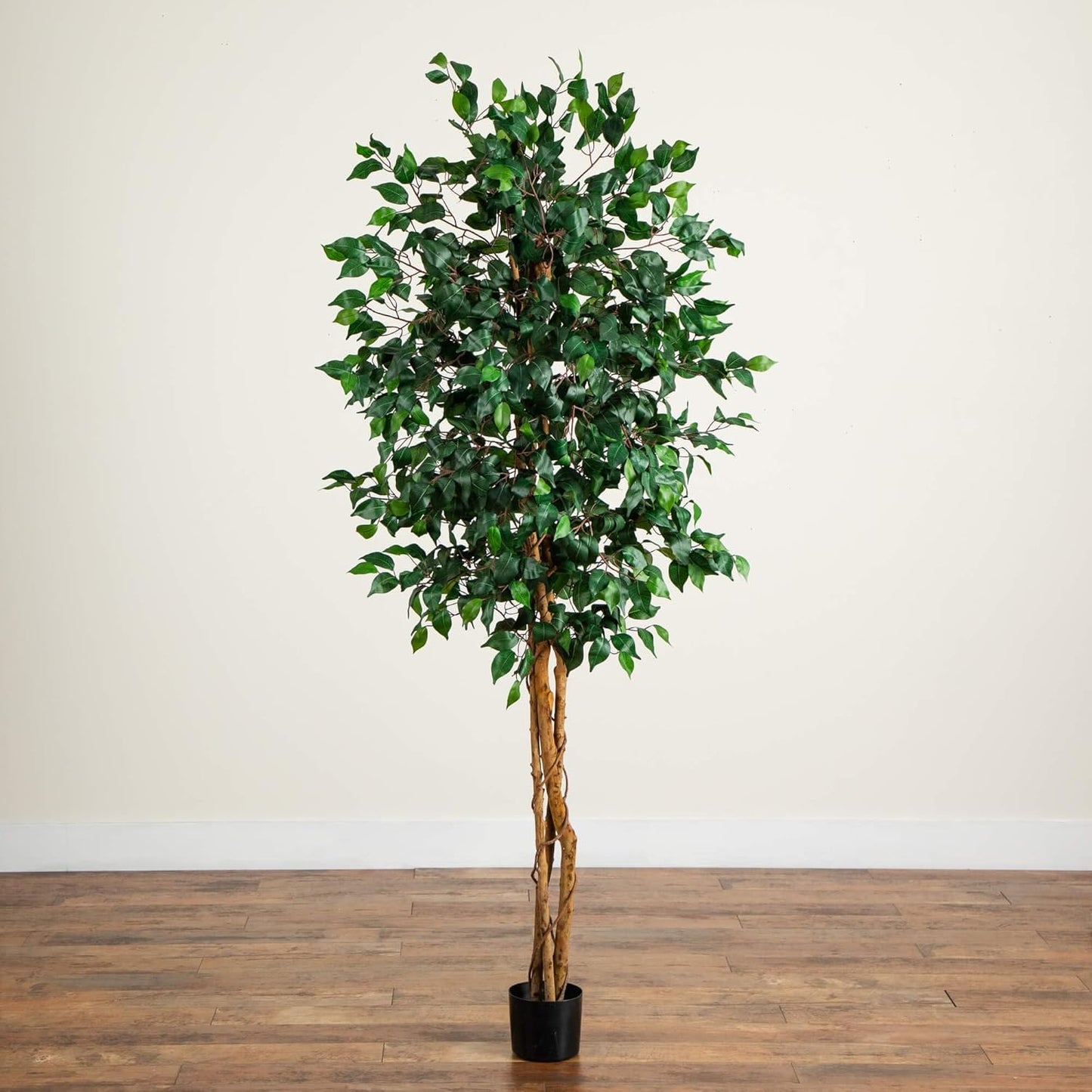 Nearly Natural 4ft Triple Trunk Ficus Silk Tree with Natural Wood Trunks and Dense Foliage, Mid-Size Faux Floor Plant for Home and Office