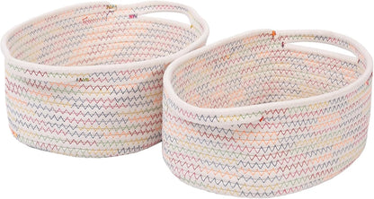 JMvicyroam Woven Basket,Small Rope Storage Bin with Handles & Ribbon Bag, Organizer for Shelves Closets,Gift Basket Empty for Birthday,Books,Dog Toys,White