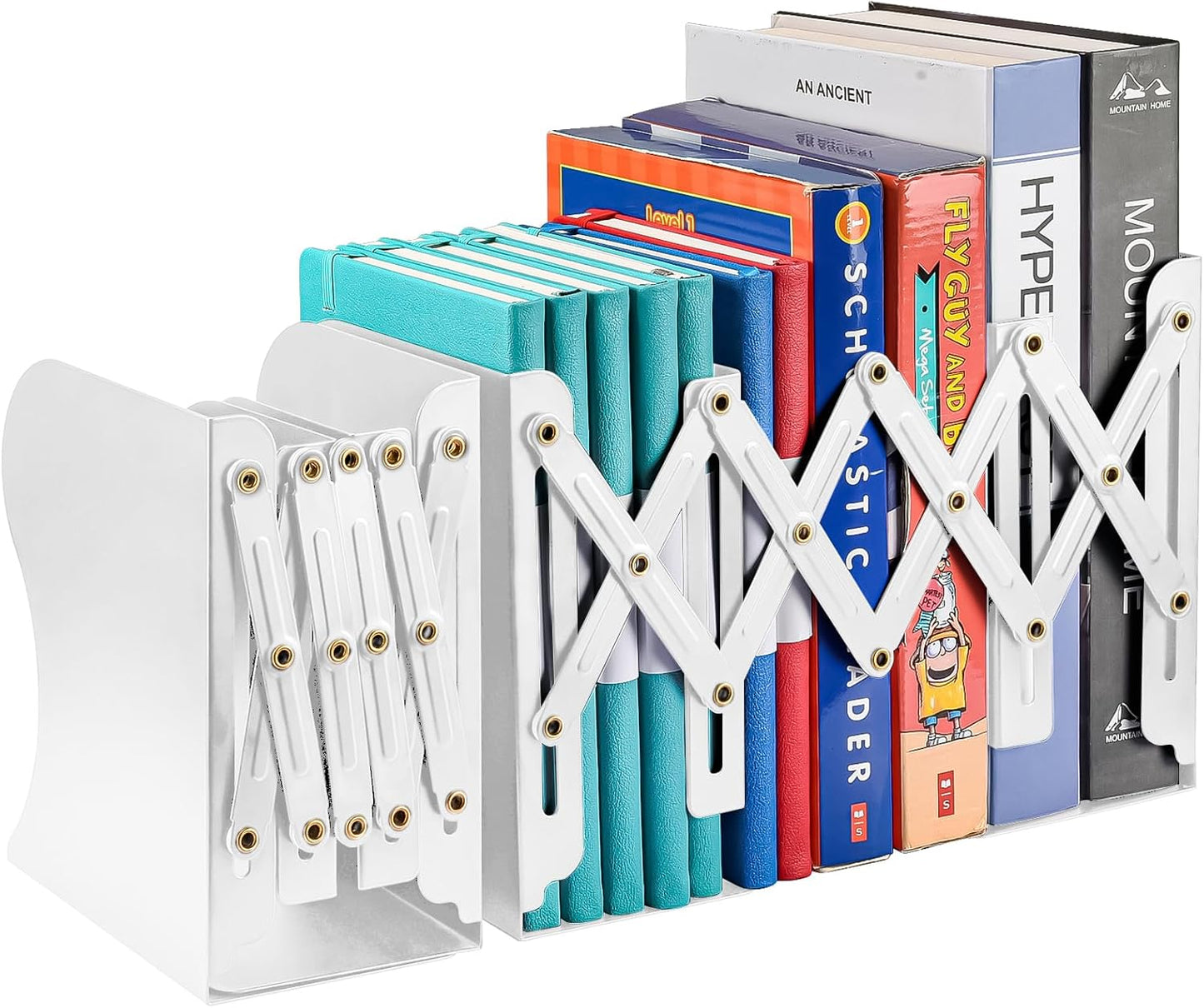 2PCS Adjustable Bookends, Metal Book Ends for Heavy Book, 2 Dividers, Nonslip Book Stander for Desk, Shelf, Office, Stationery Gift, Extends up to 19 inches (Blue)
