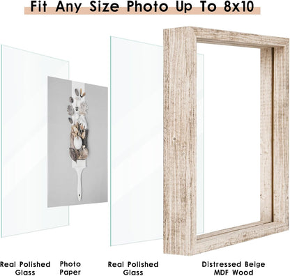 MUYE 11x14 Floating Frame Set of 2,Double Glass Rustic Frame,Display Any Size Photo up to 11x14,Wall Mount or Tabletop Standing,Natural