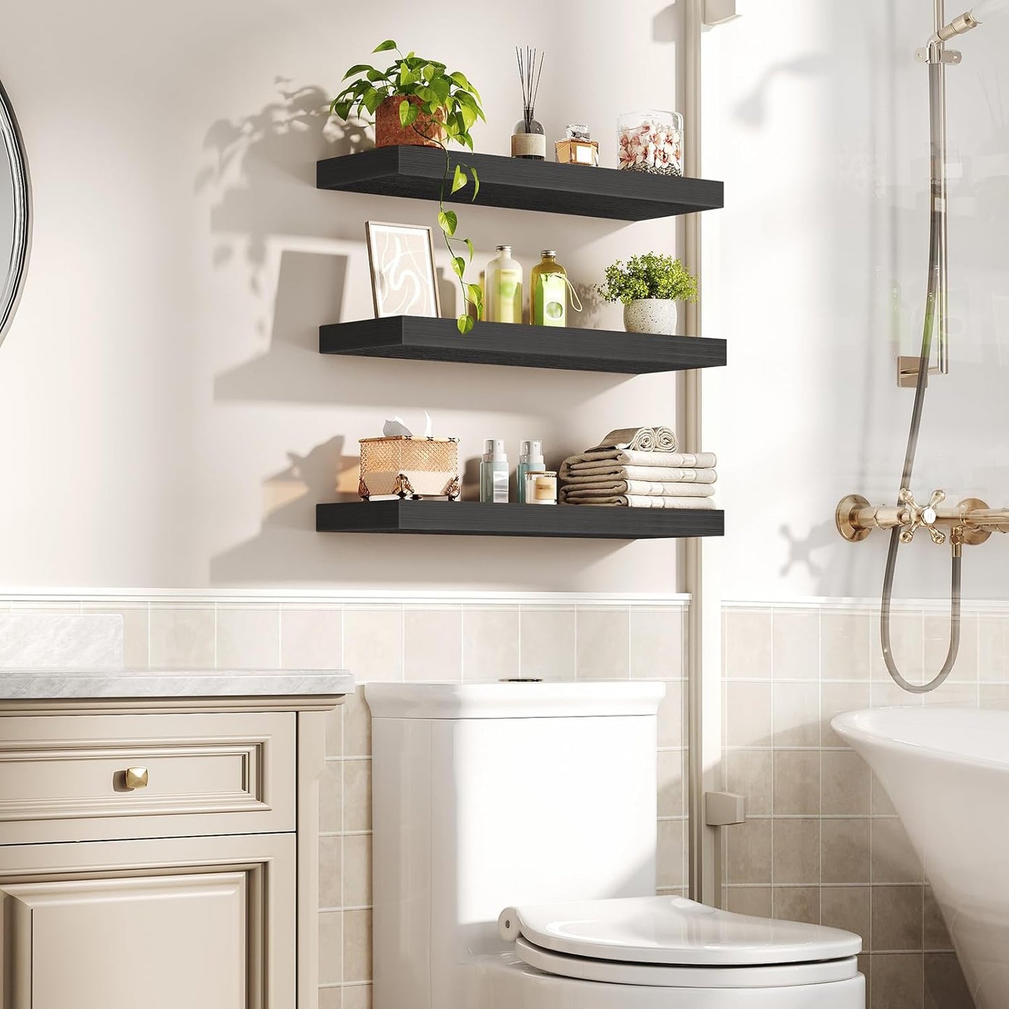 RALGEND Floating Shelves for Wall, 1.5" Thick Wall Shelf Set of 3 with Invisible Brackets, L31.5 x W7.9 Hanging Shelves Farmhouse Home Decor for Bathroom, Living Room, Bedroom, Rustic Brown 8301BJP3BF