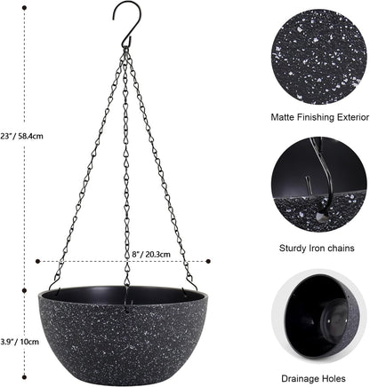 Meowell 10 inch Hanging Planters for Indoor Outdoor Plants, 2 Pack Hanging Flower Pots with Drainage Holes and Chain for Garden Porch, Plastic Hanging Baskets for House Plants, Speckled Grey
