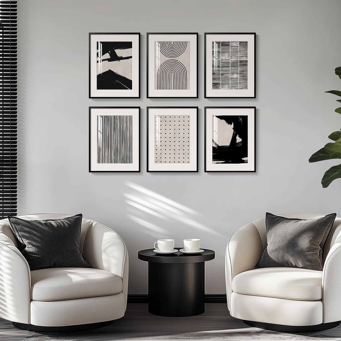 Framed Boho Black and White Brown Modern Abstract Wall Art for Living Room, Set of 6 Bohemian Wall Hanging Artwork, Minimalist Sun Geometric Pictures for Bedroom Office Bathroom Wall Decor 11x14 Inch