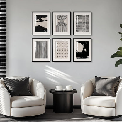 Framed Boho Black and White Brown Modern Abstract Wall Art for Living Room, Set of 6 Bohemian Wall Hanging Artwork, Minimalist Sun Geometric Pictures for Bedroom Office Bathroom Wall Decor 11x14 Inch