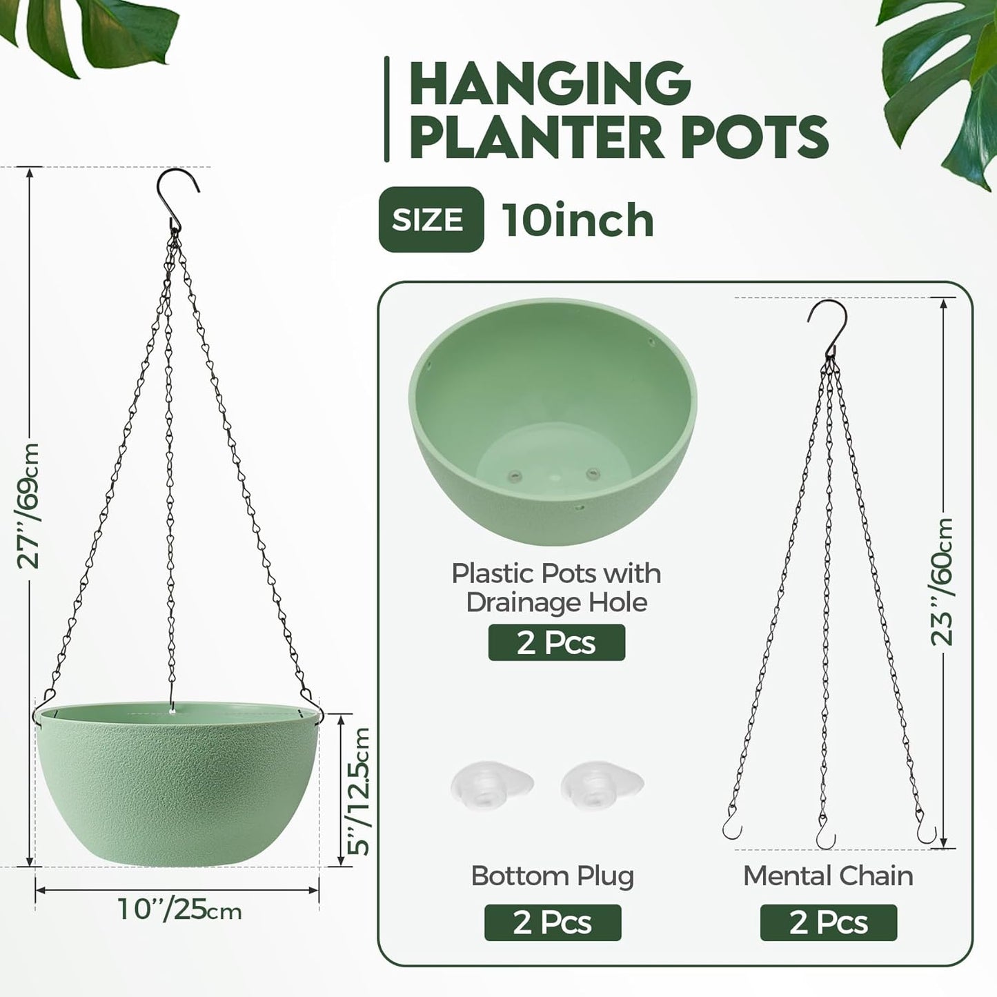 T4U Hanging Planters for Indoor Plants, 10 Inch Hanging Planter Outdoor 2 Pack, Hanging Basket with Drainage Holes, Hanging Plant Holder Indoor, Flower Pots, Plant Pots for Garden, Grey