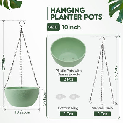 T4U Hanging Planters for Indoor Plants, 10 Inch Hanging Planter Outdoor 2 Pack, Hanging Basket with Drainage Holes, Hanging Plant Holder Indoor, Flower Pots, Plant Pots for Garden, Grey