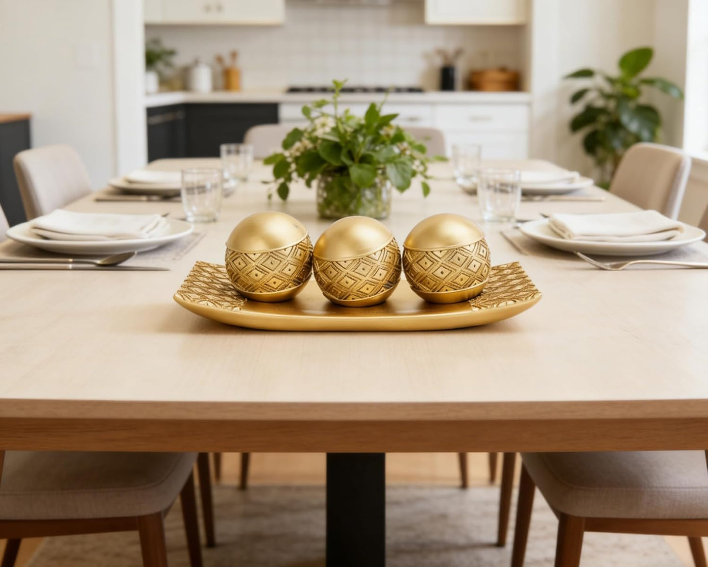 Gold Decorative Orbs with Tray Set, 3Pcs Resin Decorative Balls with Tray, Modern Accent Sphere for Coffee Table, Dining Table, Living Room, Entryway