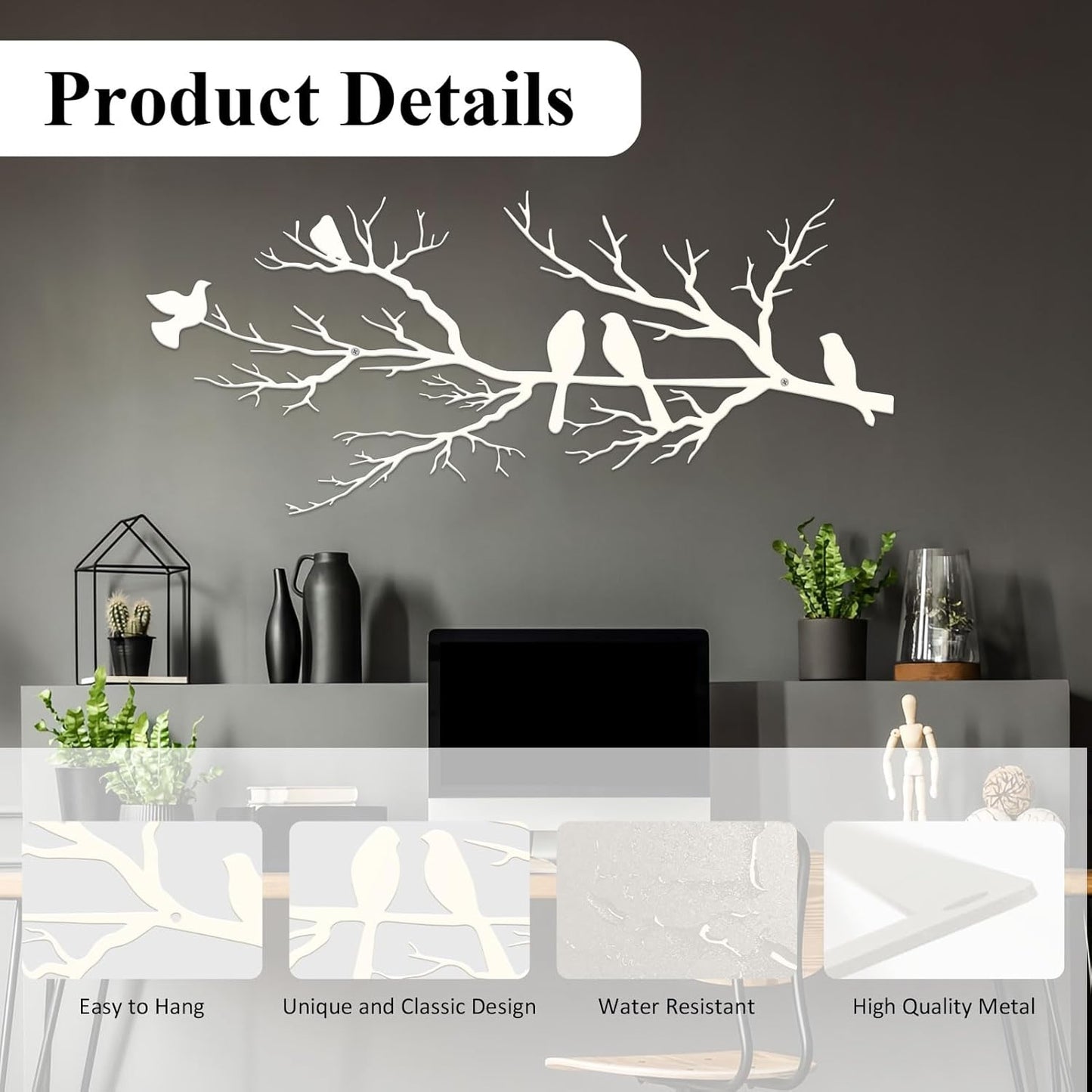 Metal Birds Wall Art, Metal Vivid Birds on Branch Silhouette Wall Decor Black Leaves with Bird Outdoor Hanging Wall Sculpture for Home Balcony Garden(Large)