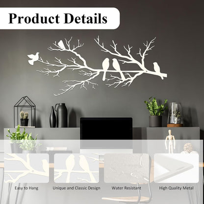 Metal Birds Wall Art, Metal Vivid Birds on Branch Silhouette Wall Decor Black Leaves with Bird Outdoor Hanging Wall Sculpture for Home Balcony Garden(Large)