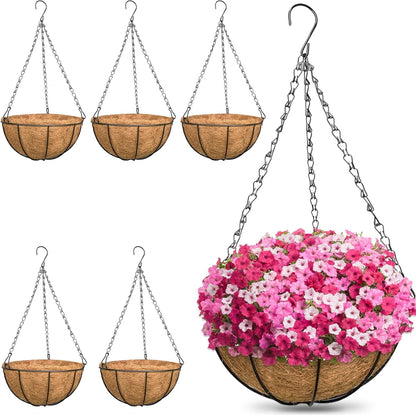 ZeeDix 2 Pack 14 Inch Hanging Baskets for Plants Outdoor, Metal Wire Round Planters with Coco Liner, Hanging Flower Baskets for Home Garden Porch Balcony Railings Decor