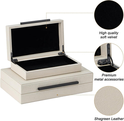 XIGEXIGE Set of 3 Beige Shagreen Decorative Storage Boxes with Black Metal Handles –Faux Leather Large Modern Stackable Nesting Jewelry Box with Lids Organizer